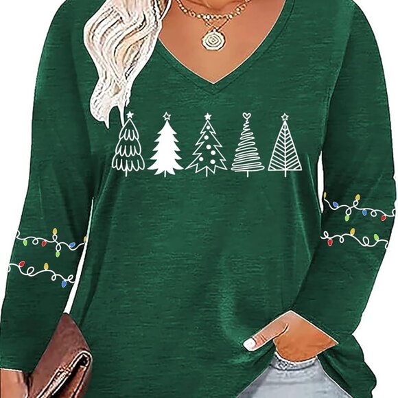 Women’s Comfortable Plus Size Merry Christmas Long Sleeve Tee - Green-01 - Picture 1 of 5